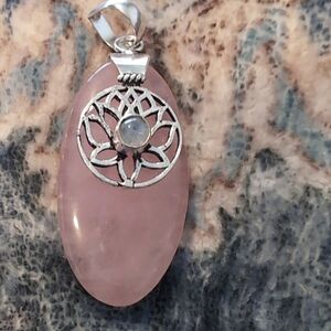 Rose Quartz Pendant With Moonstone Cabochon Set In Sterling Silver.